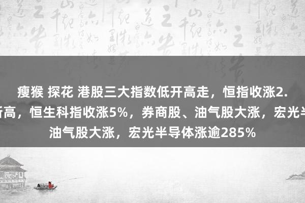 瘦猴 探花 港股三大指数低开高走，恒指收涨2.8%，创两年半新高，恒生科指收涨5%，券商股、油气股大涨，宏光半导体涨逾285%